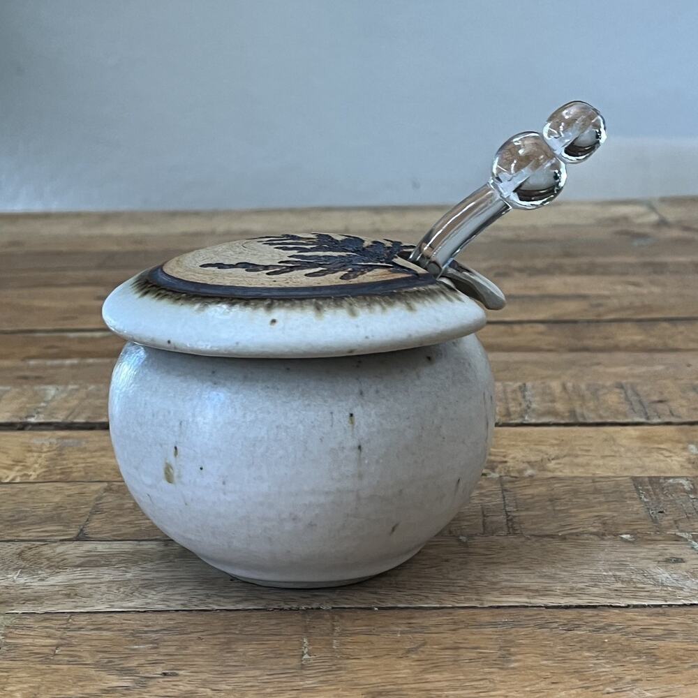 Stoneware Honey Jar with Lid and Dipper Handmade Studio Pottery Unique Design